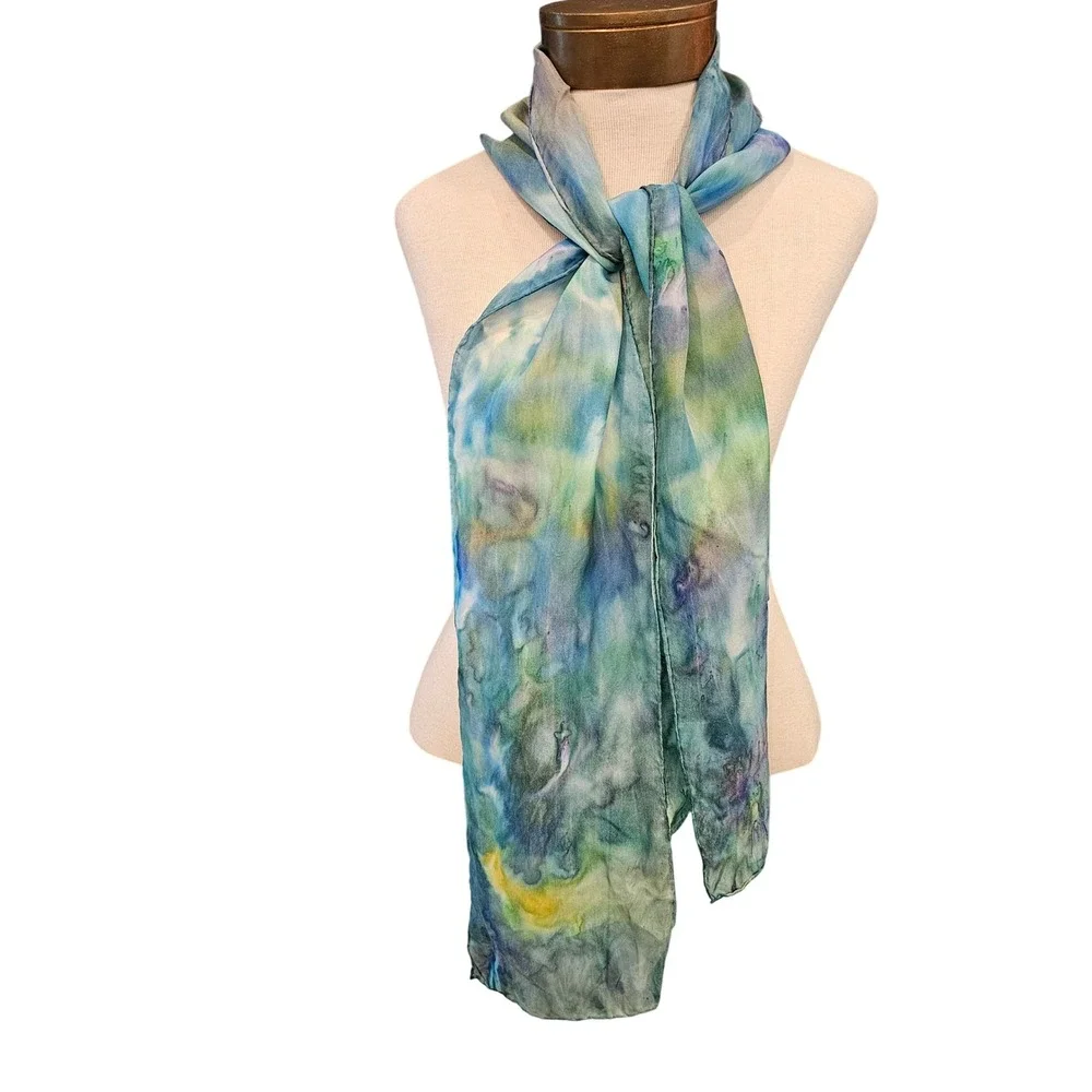 Hand Painted Silk Scarf Abstract Watercolor Blue Green Purple Rectangle
